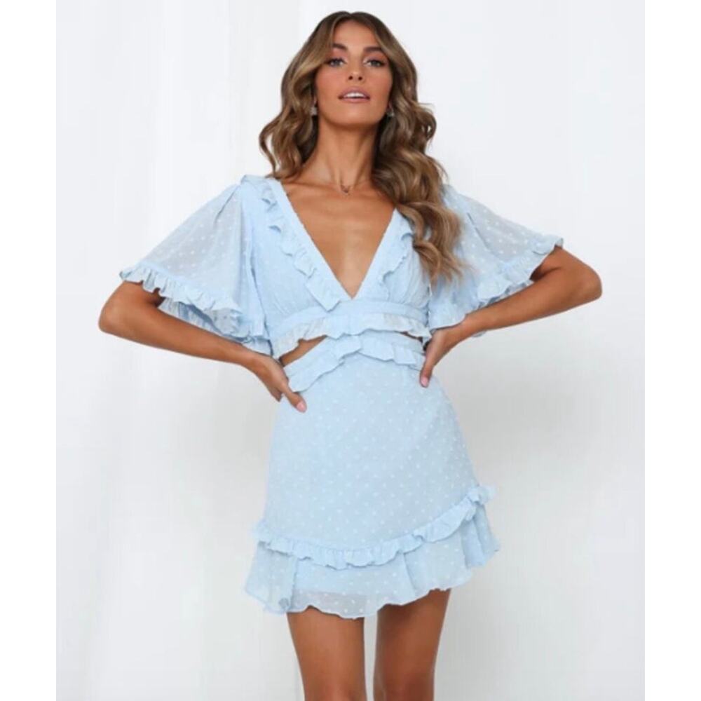 Hello Molly Swiss Dots Ruffles Open Back Dress Blue Cutouts Feminine Medium